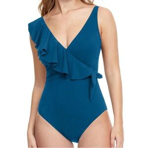 NEW Profile by Gottex 10 Blue Swimsuit Tutti Frutti Ruffle One Piece NWT